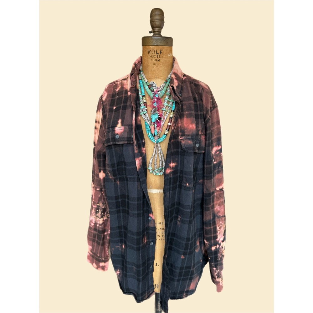 One-of-a-Kind Sacred Heart Mary Bleached Flannel Shirt Wearable Art | Large Tall - Picture 3 of 9